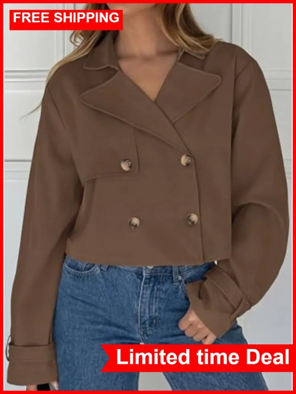 Cropped Trench Coat Double Breasted Loose Fit Lightweight Jacket